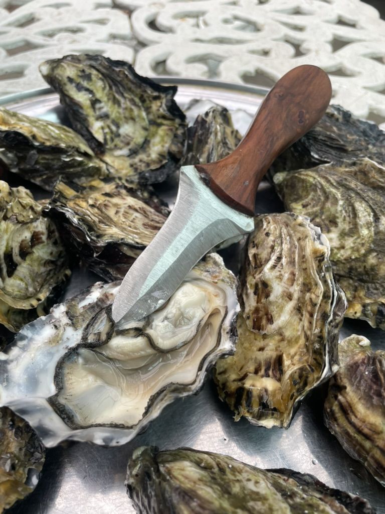 The finished oyster knife with a timber handle resting on fresh oysters